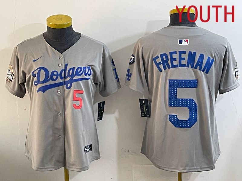 Youth Los Angeles Dodgers 5 Freeman Grey Game 2024 Nike MLB Jersey style 1203